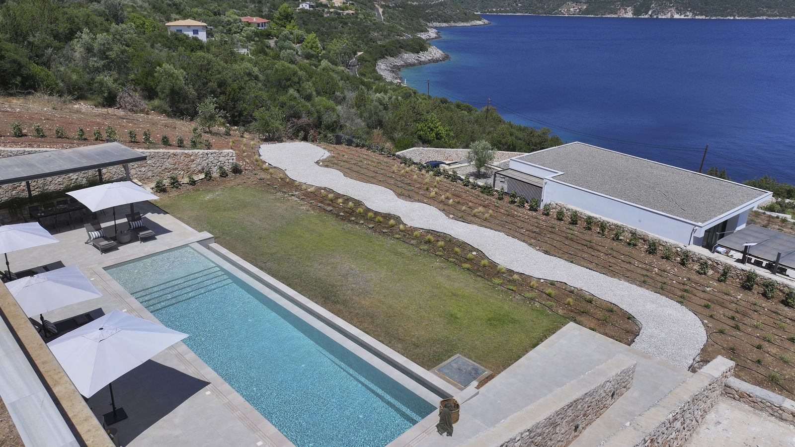 Aerial view of the villa, pool and turquoise bay